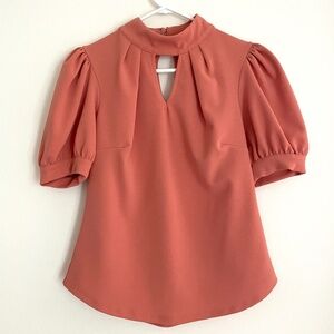Women's 7th Ave NY&Company Puff Sleeve Soft Peach Blouse Keyhole Neck Size Small